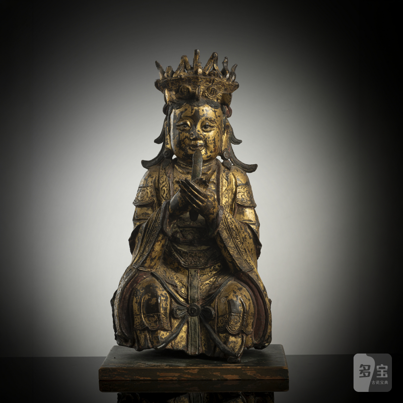 A gilt-lacquered bronze figure of Bixia Yuanjun on a wooden stand - 图1